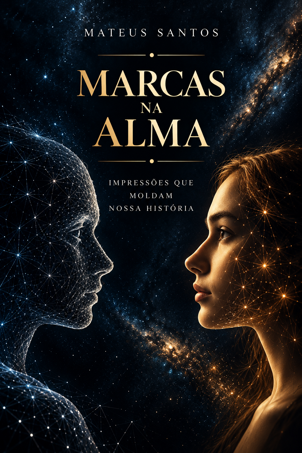 Capa do livro Marcas na Alma, de Mateus Santos, com dois perfis humanos em uma rede luminosa